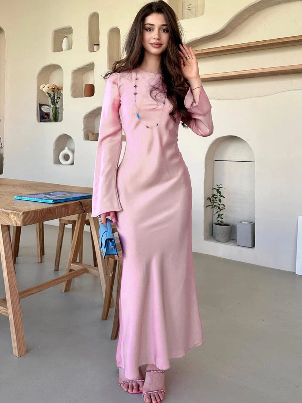 TARUXY Stain Slim Maxi Dresses For Women Elegant Solid Party Evening Dress Women's High Waist Luxury Femme Autumn Fashion Dress