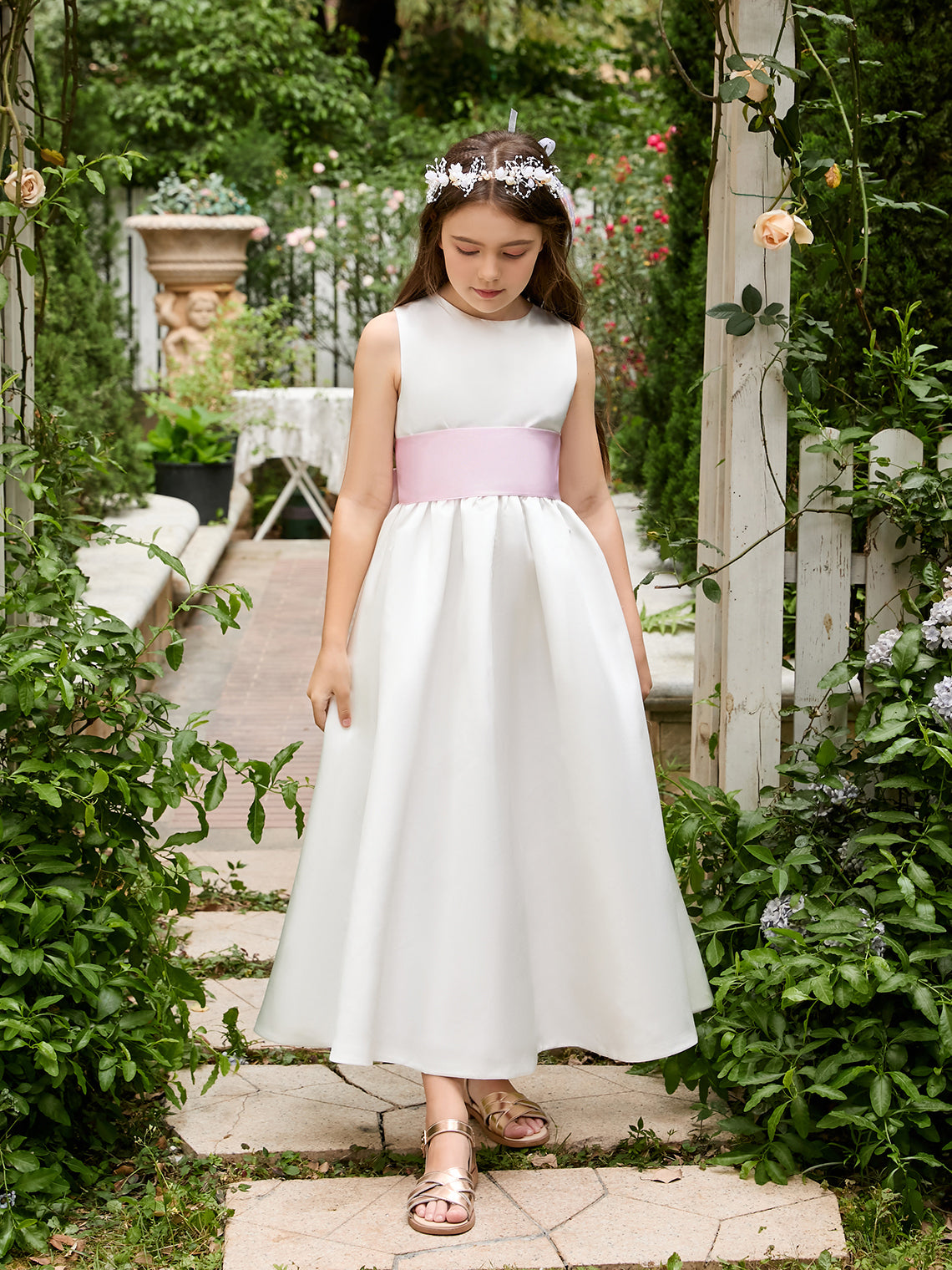Vestido de novia de satén color marfil con lazo | Vestido de tul hasta el tobillo (010007314) 
