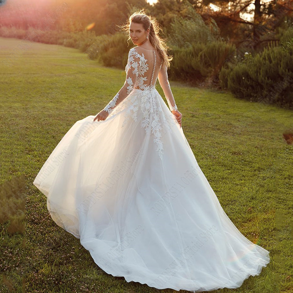 Robes de mariée Pastrol pour femme, manches longues, dos illusion, décolleté rond, appliques, coupe trapèze, tulle, vestidos de novia 
