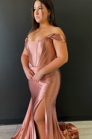 Robe de bal longue verte sirène à épaules dénudées et fente sur le devant