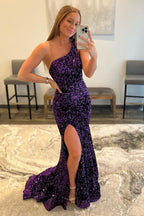 Robe de bal sirène violette à une épaule et sequins