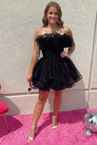 Cute A Line Strapless Blue Short Homecoming Dress with Ruffles