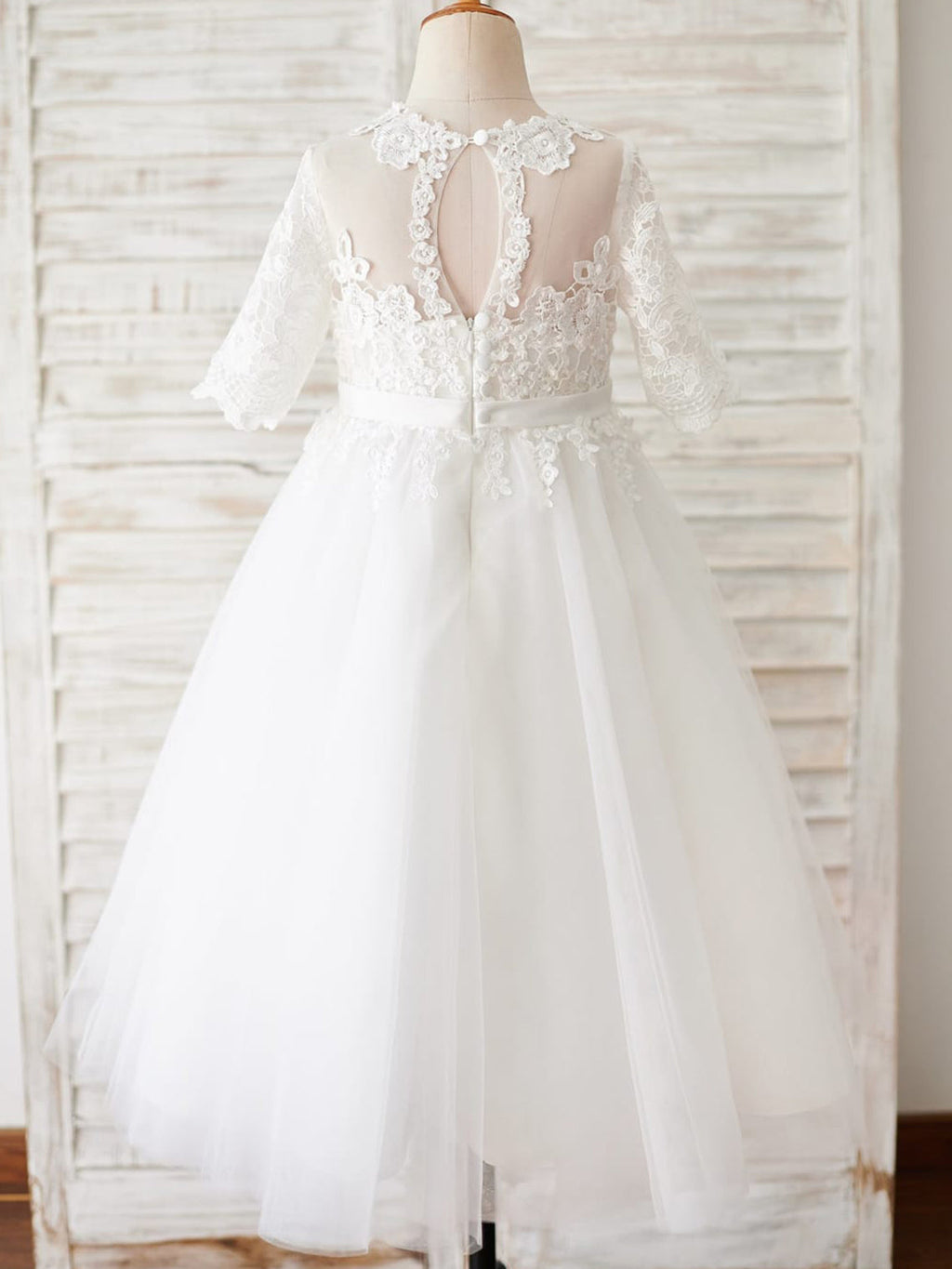 Vestido de niña de las flores para la Primera Comunión, corte en A, de encaje y tul, hasta el suelo 