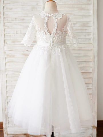 Vestido de niña de las flores para la Primera Comunión, corte en A, de encaje y tul, hasta el suelo 