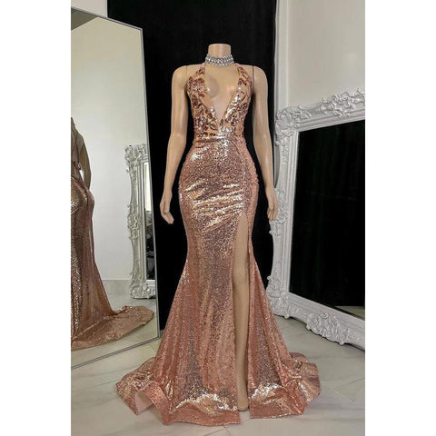 Robe de bal longue fourreau à paillettes et décolleté en V profond avec fente