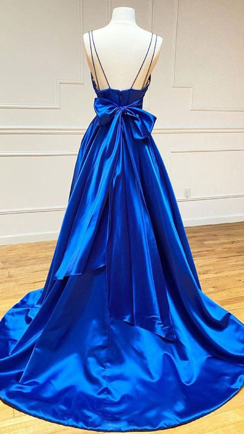 A-line Satin V Neck Royal Blue Prom Dresses Evening Dresses Y1163
