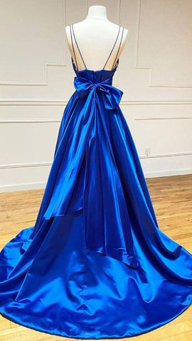 Vestidos de fiesta azul real de satén con escote en V y corte en A, modelo Y1163