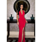 Robe de bal fourreau sexy et tendance, sans manches, col en V, dos nu, avec fente