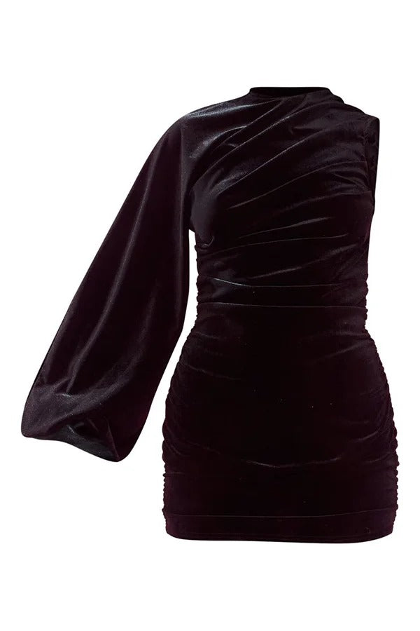 Robe mini moulante en velours extensible à une épaule et détail froncé, tenue de soirée