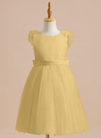 Vestido de niña de las flores de corte A, de satén y tul, hasta la rodilla 