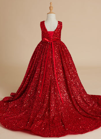 Deslumbrante vestido de princesa rojo con lentejuelas, escote en V y cola para niñas 
