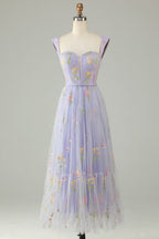 Princess A Line Sweetheart Champagne Long Prom Dress with Embroidery