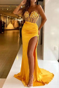 Strapless Long Mermaid Satin Sequins Prom Dress With Split Front