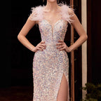 Robe de bal rouge à plumes taille haute 