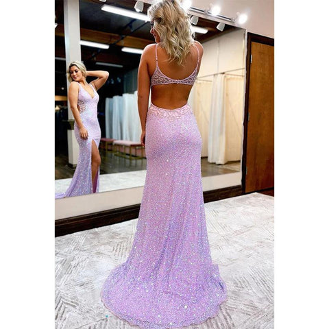 Robe de bal sexy à col en V et perles, fendue sur le côté