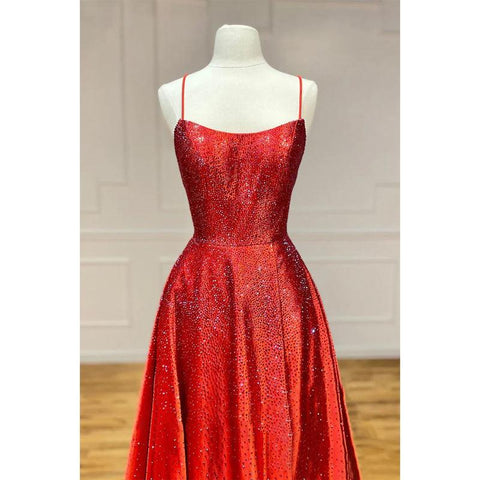 Women's Spaghetti Straps Beads Sparkly Prom Dress