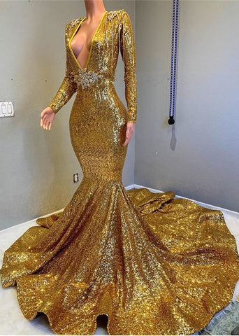 Vestido de fiesta largo dorado con lentejuelas, escote en V, sin mangas y estilo sirena.