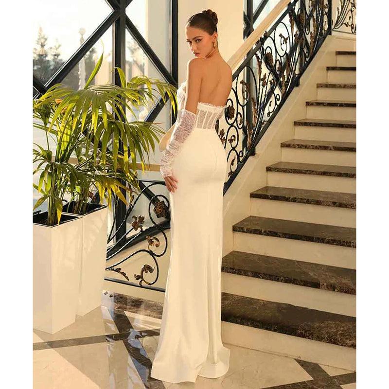Vestido de noche largo formal con apliques de encaje y corte tubo/columna con abertura 