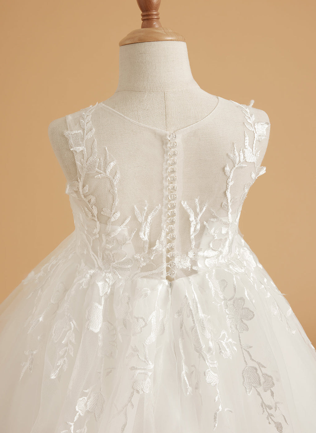 Vestido de niña de las flores de encaje y tul color marfil con diseño hasta el suelo y elegante lazo (2003227417) 
