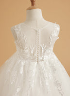 Vestido de niña de las flores de encaje y tul color marfil con diseño hasta el suelo y elegante lazo (2003227417) 
