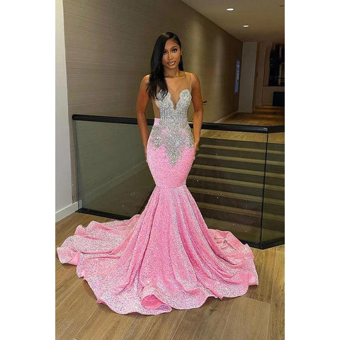 Vestido de noche formal con escote en V, sin mangas, con lentejuelas y cuentas, corte tubo/columna