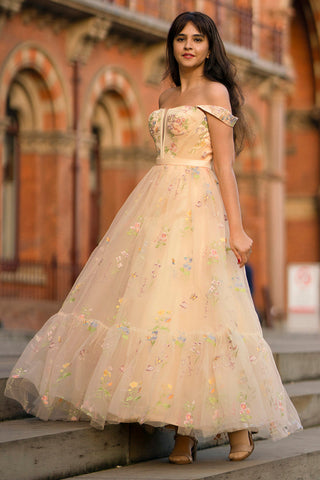 Princess A Line Sweetheart Champagne Long Prom Dress with Embroidery