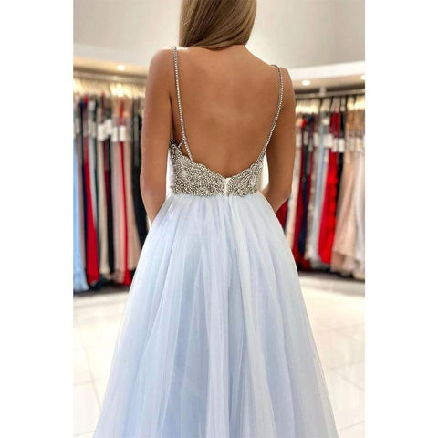 Robe de bal longue à bretelles spaghetti et col en V avec perles 