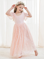 Vestido boho de niña de las flores color marfil, corte en A, de encaje y largo hasta el tobillo 