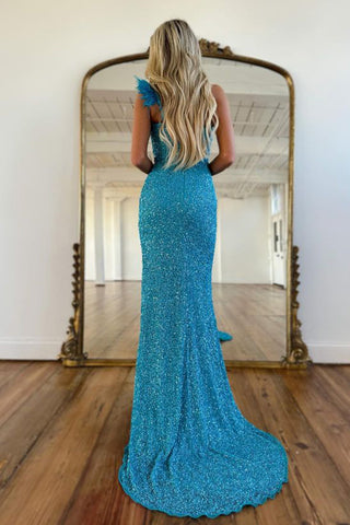 Robe de bal longue sirène asymétrique bleue à sequins et fente sur le devant