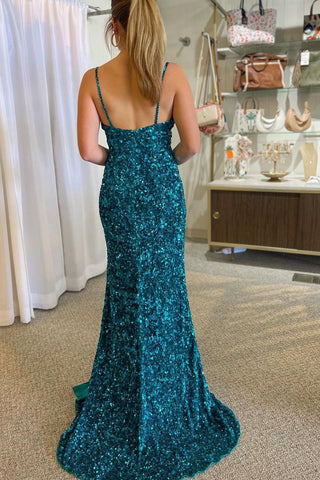 Robe de bal longue sirène à fines bretelles et sequins bleu paon, fendue sur le devant