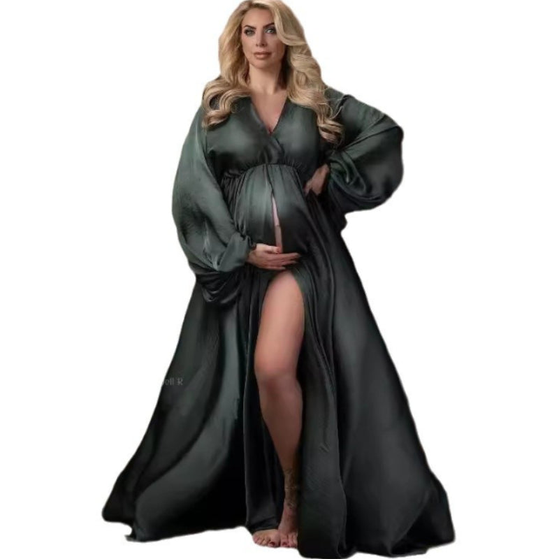 Vestido de maternidad de manga larga abullonada con escote en V, estilo retrato.