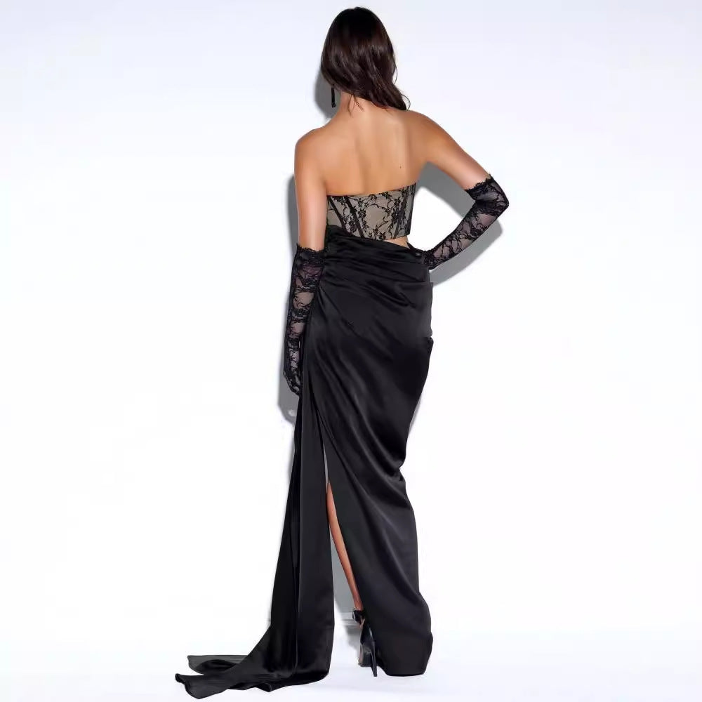 Vestido de fiesta negro informal, sexy y sin tirantes con vendaje 