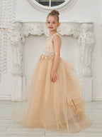 Vestido de princesa/vestido de princesa con cola de tul y vestido de niña de las flores color champán 
