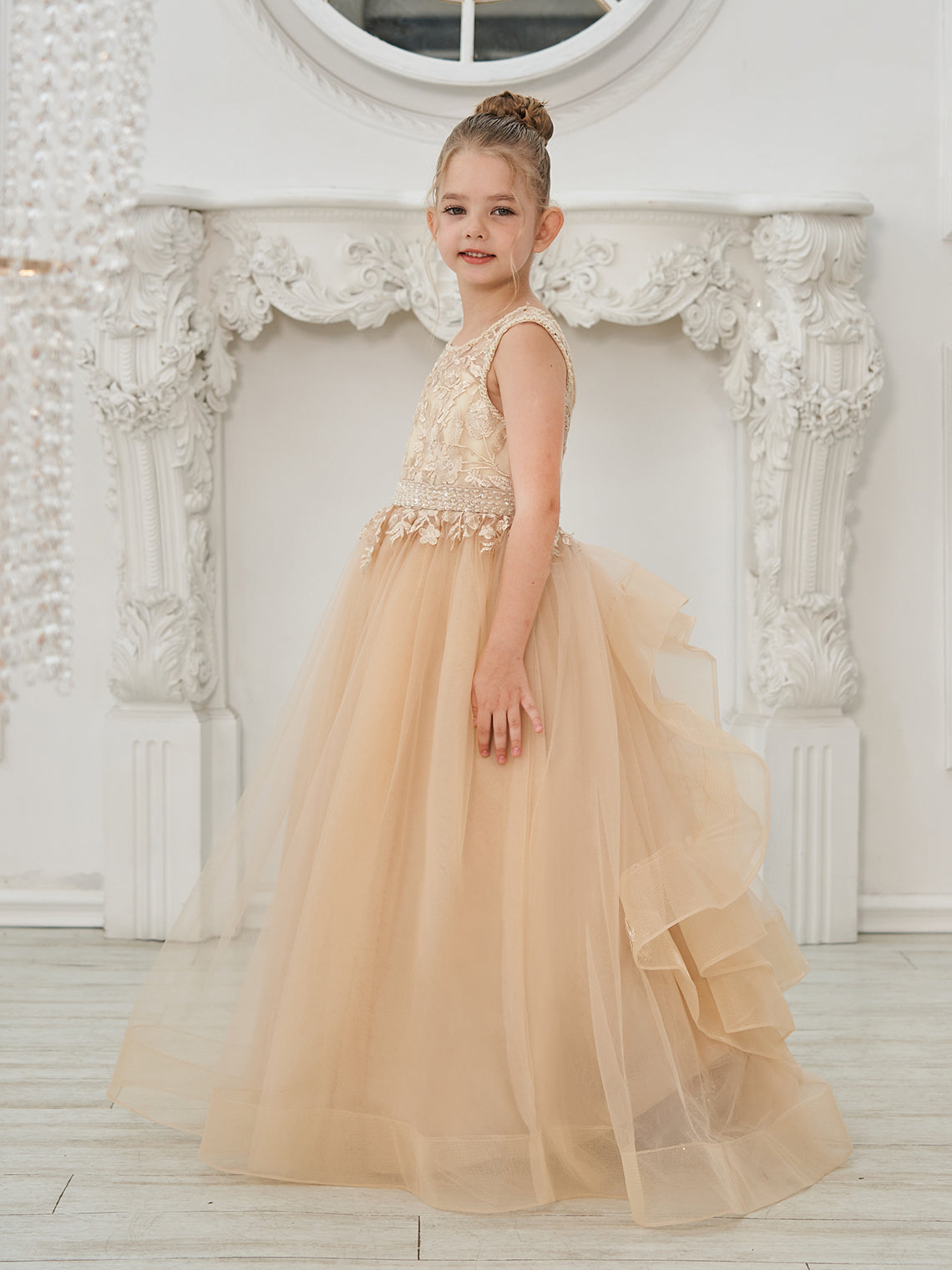 Vestido de princesa/vestido de princesa con cola de tul y vestido de niña de las flores color champán 