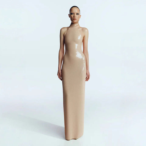 Robe de bal longue fendue à sequins et manches longues 