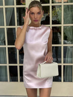 Vestido corto de satén TARUXY para mujer, sexy, sin espalda, con lazo, sin mangas, estilo tankini, ideal para fiestas y eventos elegantes. 