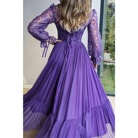 Unique Scoop Lace Long Sleeves A-line Formal Evening Dress