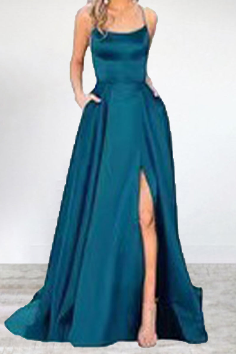 Vestidos de noche sexys, formales, de color liso, con escote en U y abertura alta. 