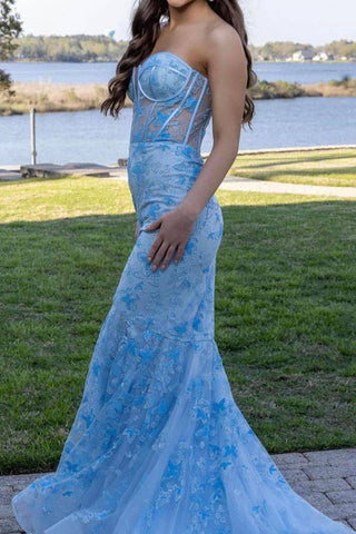 Gorgeous Mermaid Sweetheart Blue Corset Prom Dress with Embroidery