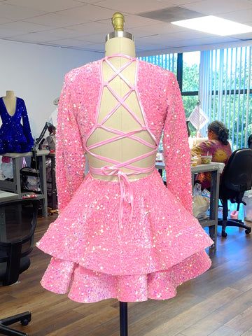 Pink Cocktail Dresses Women's A-Line V-Neck Long Sleeve Homecoming Dress Y788
