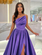 Robe de soirée violette trapèze sans manches avec fente