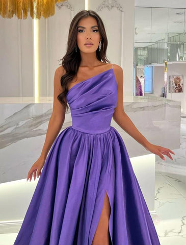 Robe de soirée violette trapèze sans manches avec fente