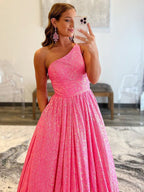 Vestido de fiesta de lentejuelas con un solo hombro, corte en A y bolsillos