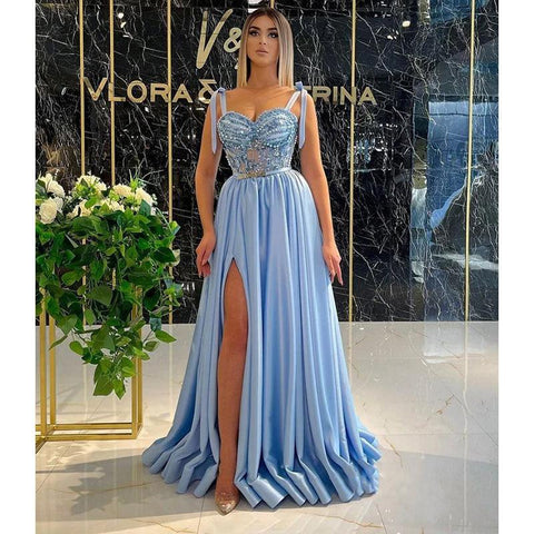 Women's Spaghetti Straps Beads High Split A-line Long Prom Dresses