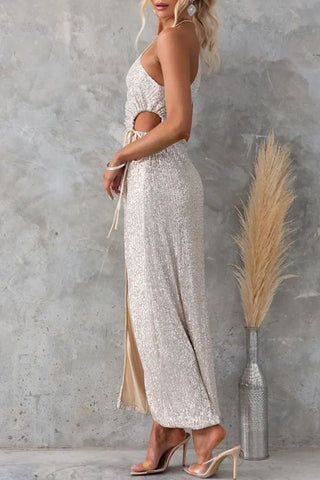 Vestidos de noche formales de celebridades, lisos, con lentejuelas, cordón ajustable, abertura y cuello oblicuo. 