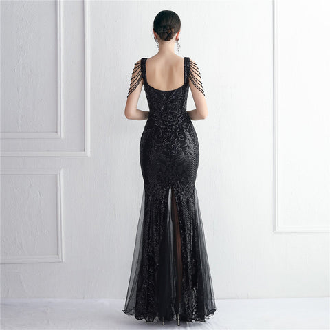 Sequin Mesh Craft Beaded Party Dress Long Cocktail Slim Fit Evening Dress Elegant Long
