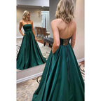 Robe de soirée longue en satin, sans bretelles, sans manches, à lacets, coupe trapèze, avec fente