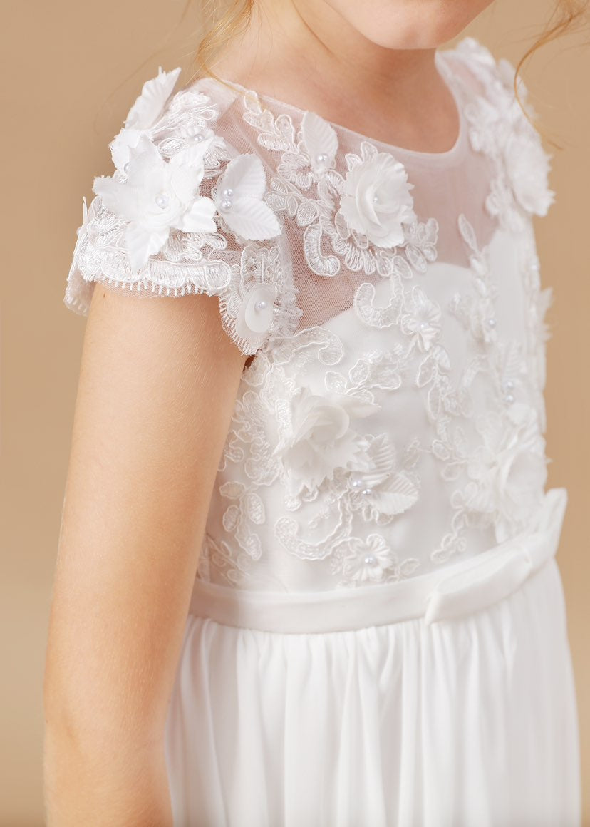Vestido de Primera Comunión color marfil, largo hasta el suelo, de tul y gasa 