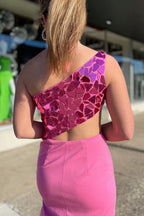Mermaid One Shoulder Pink Cut Out Prom Dress with Split Front