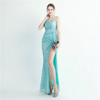 High Density Sequin Pleated Side Slit Sling Long Evening Dress